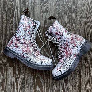 NOWT Dr. Martens Womens White Leather with Red/Black Paint Design, Size US 7